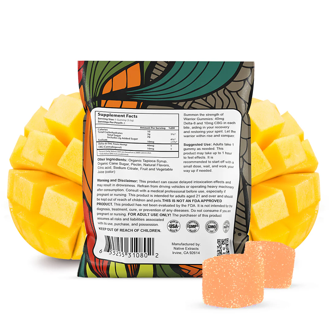 "Warrior" - 80mg Delta-8 THC + 20mg CBG Gummies - Mango - (Sample Size) - Image 2