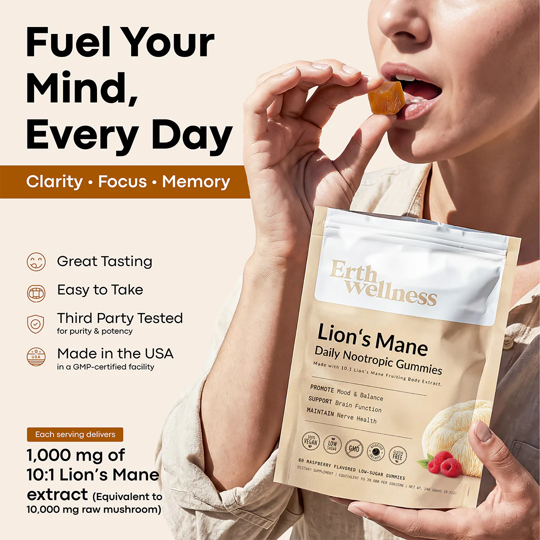 Lion’s Mane Nootropic Gummies by Erth Wellness – 10:1 Fruiting Body Extract – Cognitive Support - Image 7